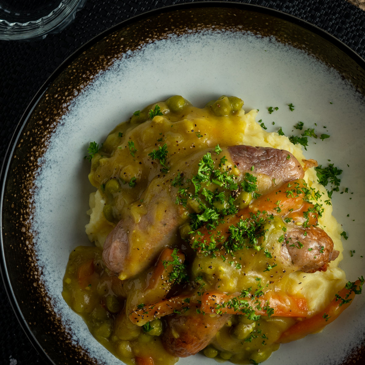 Curried Sausages with Mustard Mash