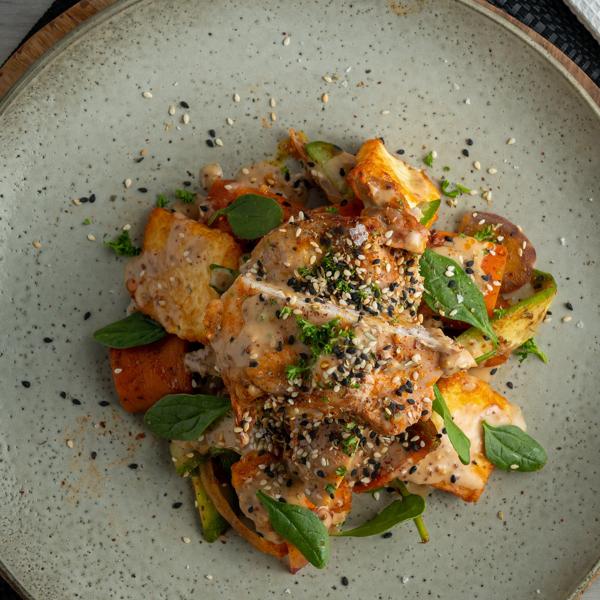 Garlic & Herb Chicken Thigh with Harissa Roasted Carrots