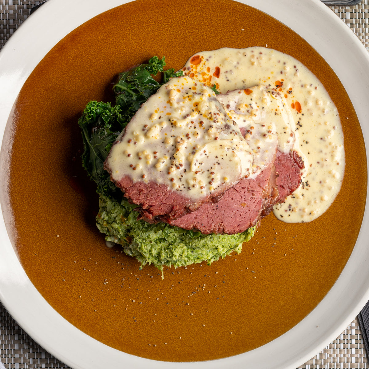 Corned Silverside with Broccoli Mash, Wilted Greens & Mustard Cream