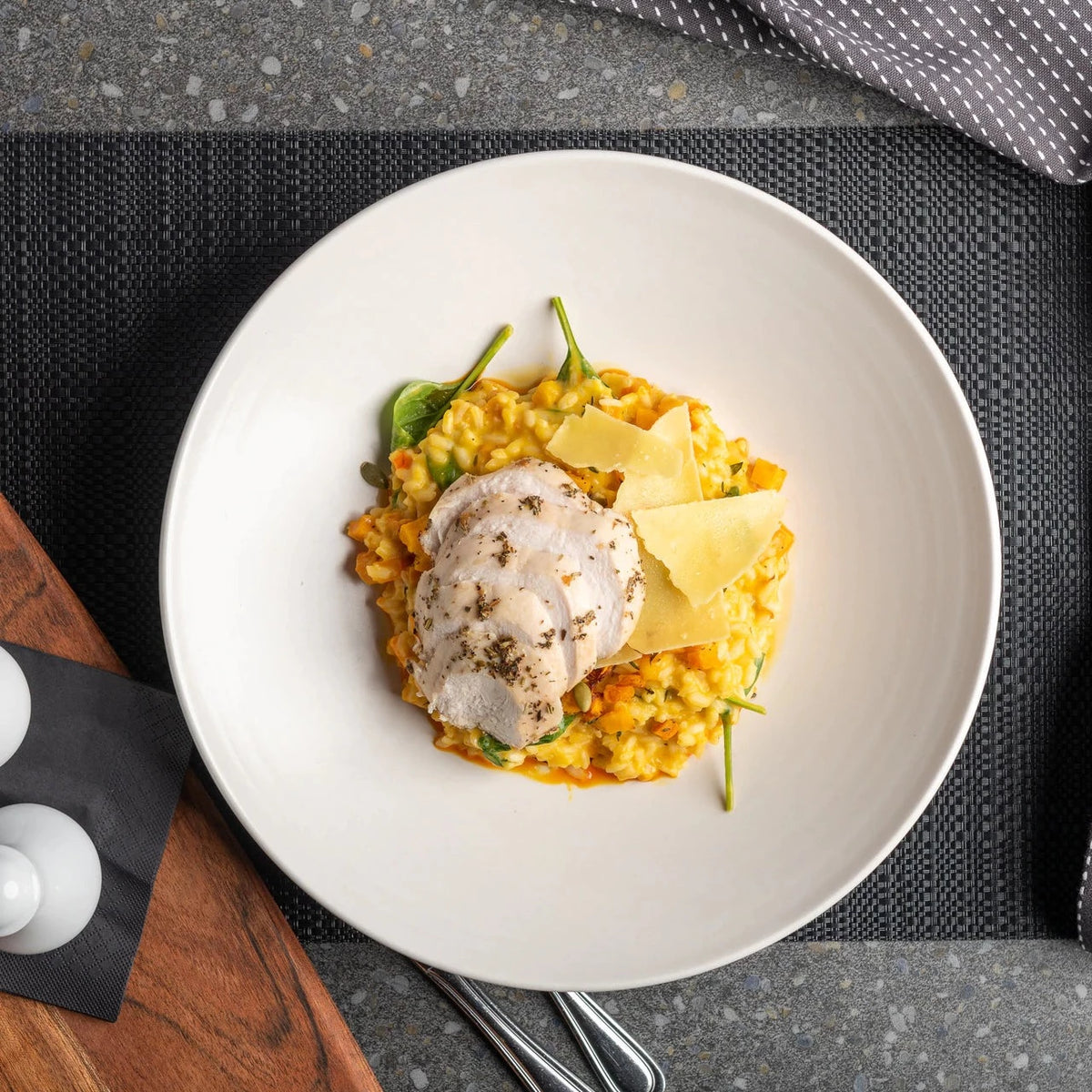 Pumpkin and Spinach Risotto with Garlic & Herb Chicken