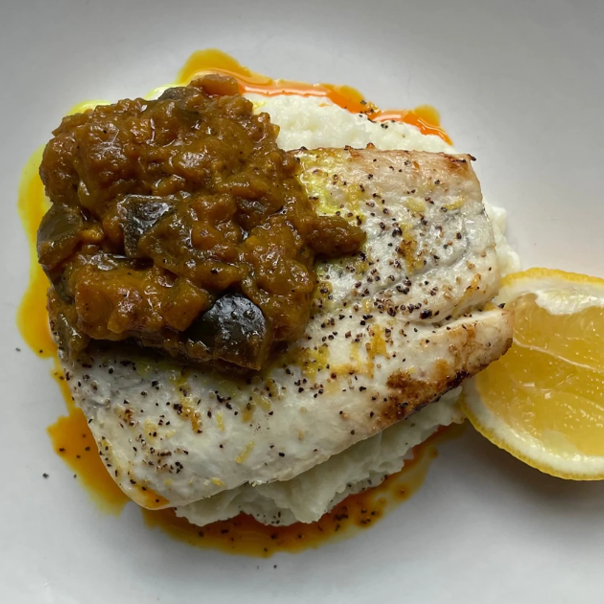 Oven Roasted Fish with Eggplant Kasundi