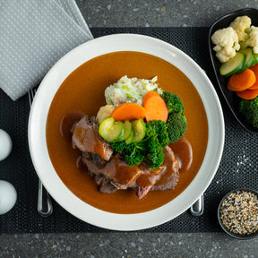 Roast beef with smashed potatoes and seasonal veg