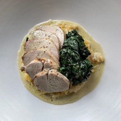 Pork Loin with Cauliflower Mash and Wilted Greens